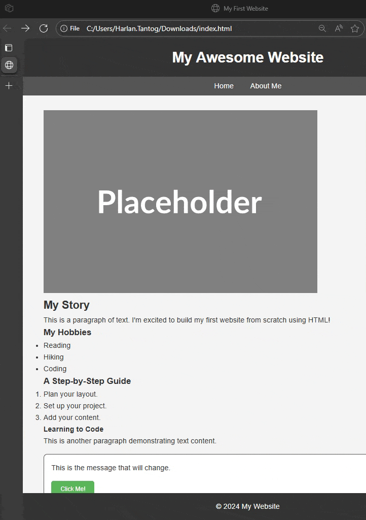 Sample output when adding a page using HTML