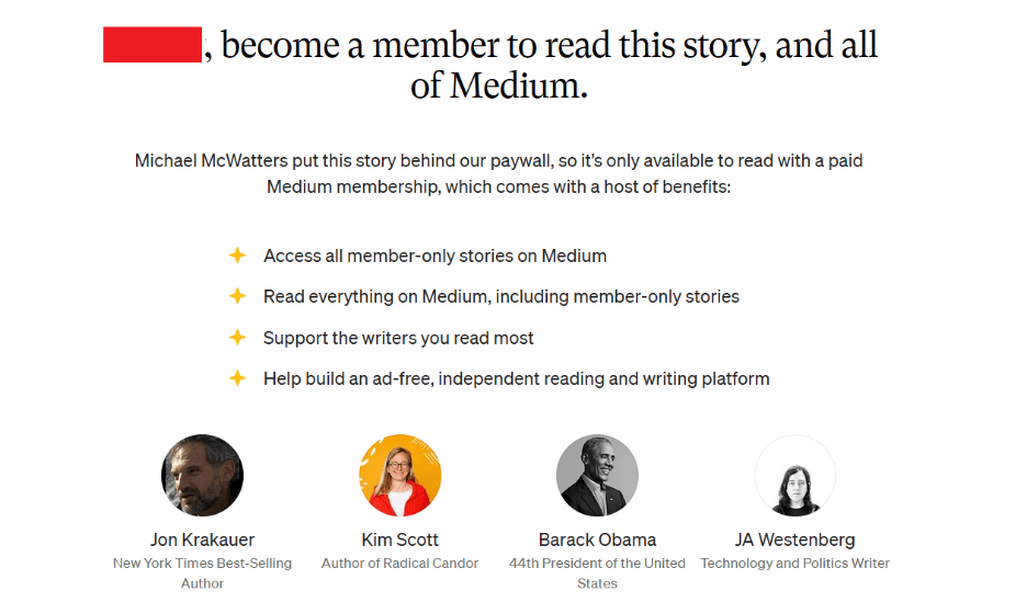A pop-up window on the Medium website that appears after a user has scrolled part of the way down a page. It prompts the user to become a paid member to continue reading the content and lists the benefits of a premium account.