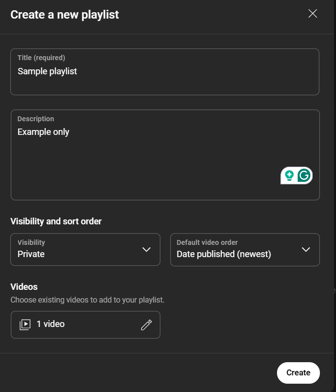 YouTube create a new playlist form
