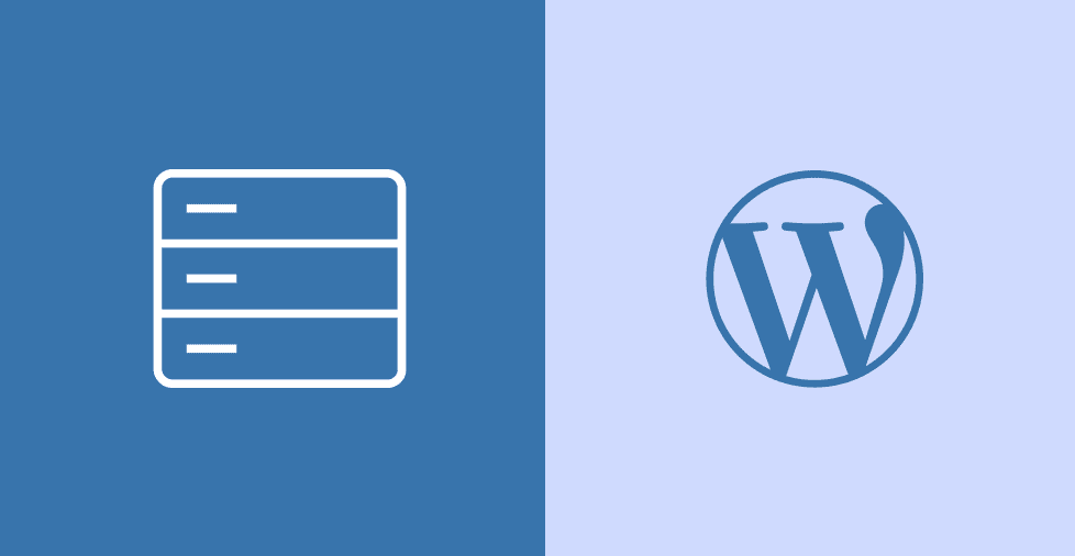 An image with a blue background. On the left is a server icon and on the right is the WordPress logo, illustrating the comparison between WordPress and web hosting.