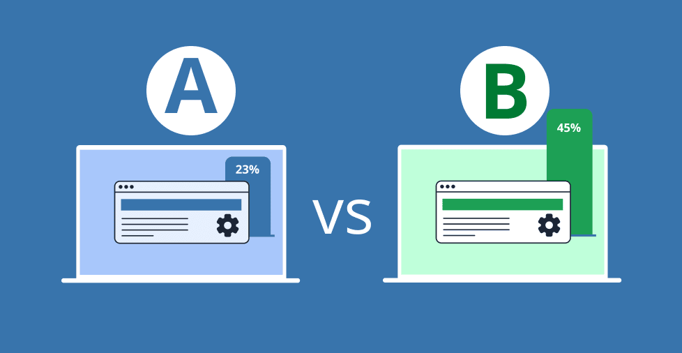 Two computer screens labeled "A" and "B" with different percentages being compared.