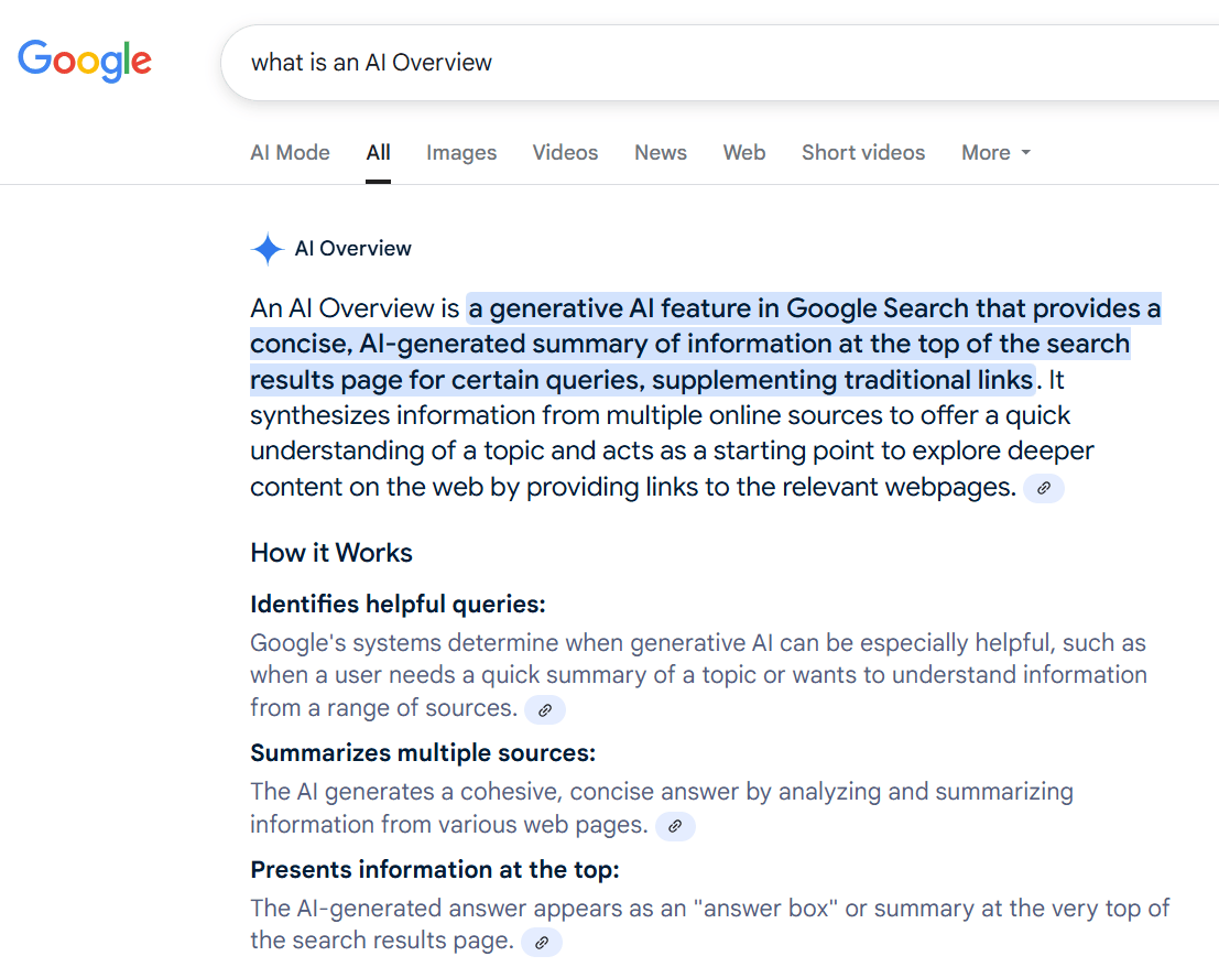 Google's AI Overview results of the search query "what is an AI Overview."