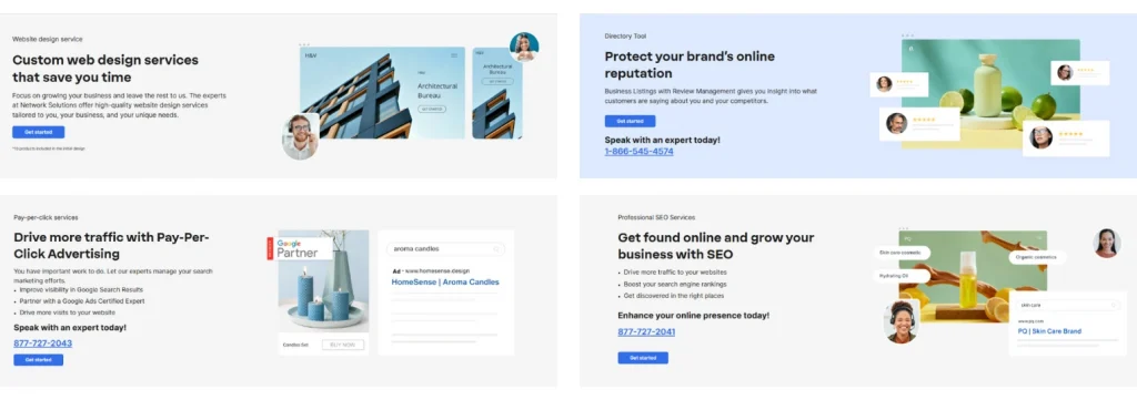 Online presence audit for businesses - A collage of website design, directory listings, PPC advertising, and SEO services of Network Solutions.