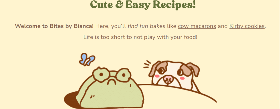 A snippet from the blog Bites by Bianca. The text invites readers to enjoy her recipes for cow macaroons and Kirby cookies. In the background, there are cute images of a macaroon shaped like a cow's face and a cookie decorated as the character Kirby, illustrating the mentioned recipes.