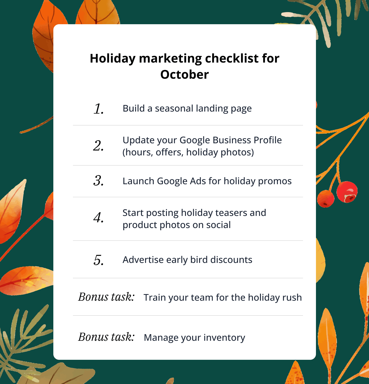 A checklist of holiday marketing tasks for October.