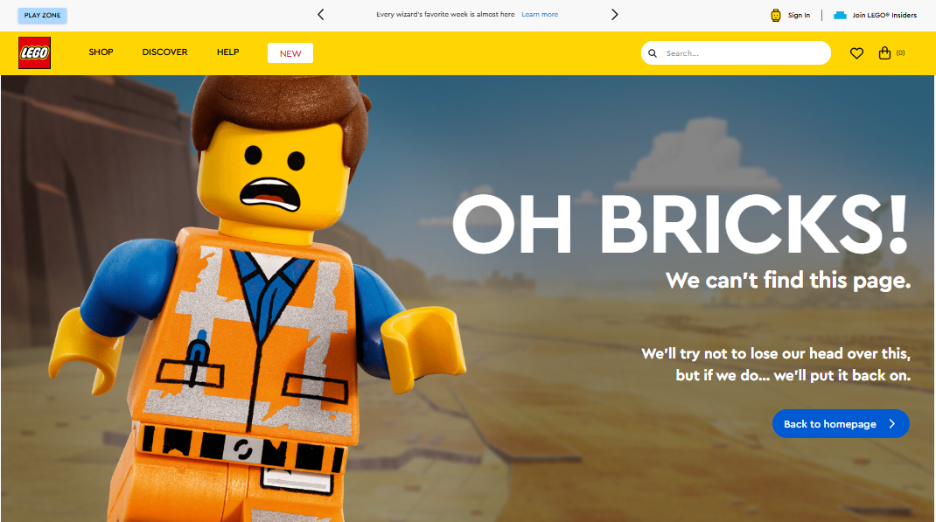 LEGO error page with a startled LEGO figure and the message “OH BRICKS! We can’t find this page.”