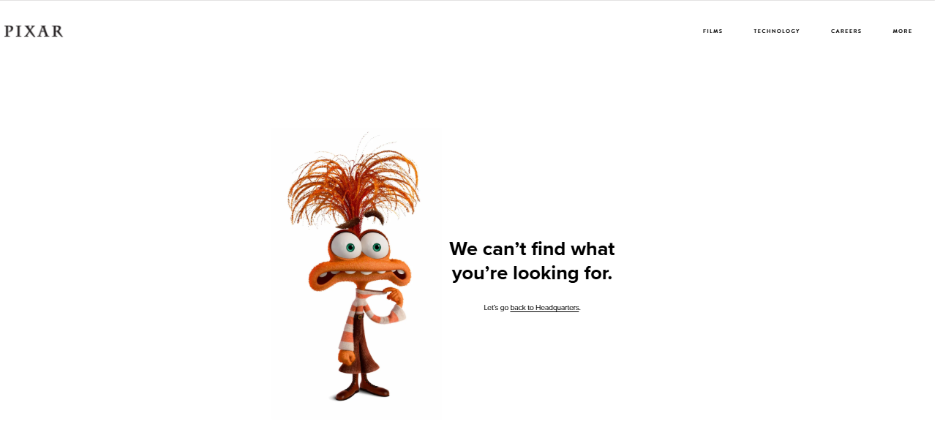 Pixar error page with a quirky animated character and the message “We can’t find what you’re looking for.”