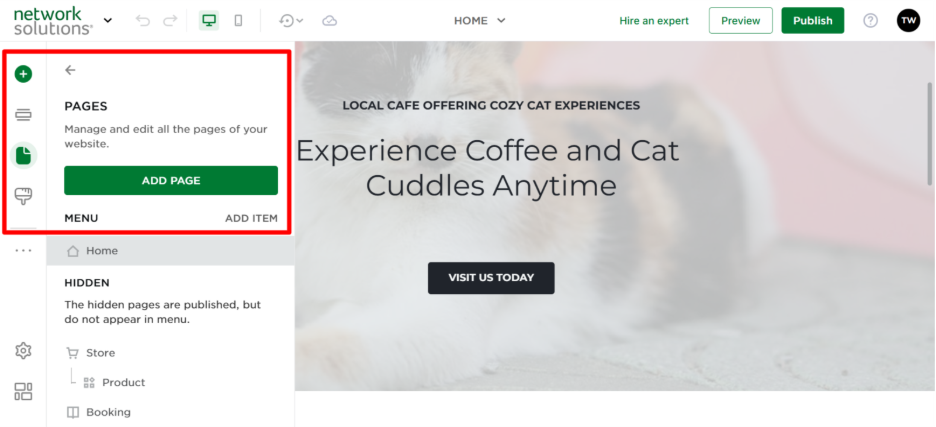 Network Solutions site builder option to add pages