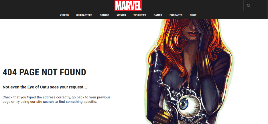 Marvel error page with the text “404 Page Not Found” and an illustration of a character holding the Eye of Uatu.