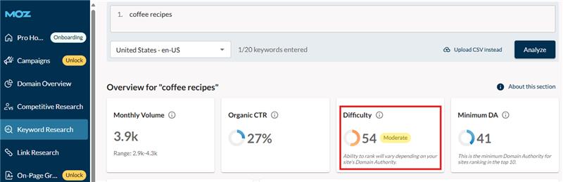Moz keyword difficulty dashboard