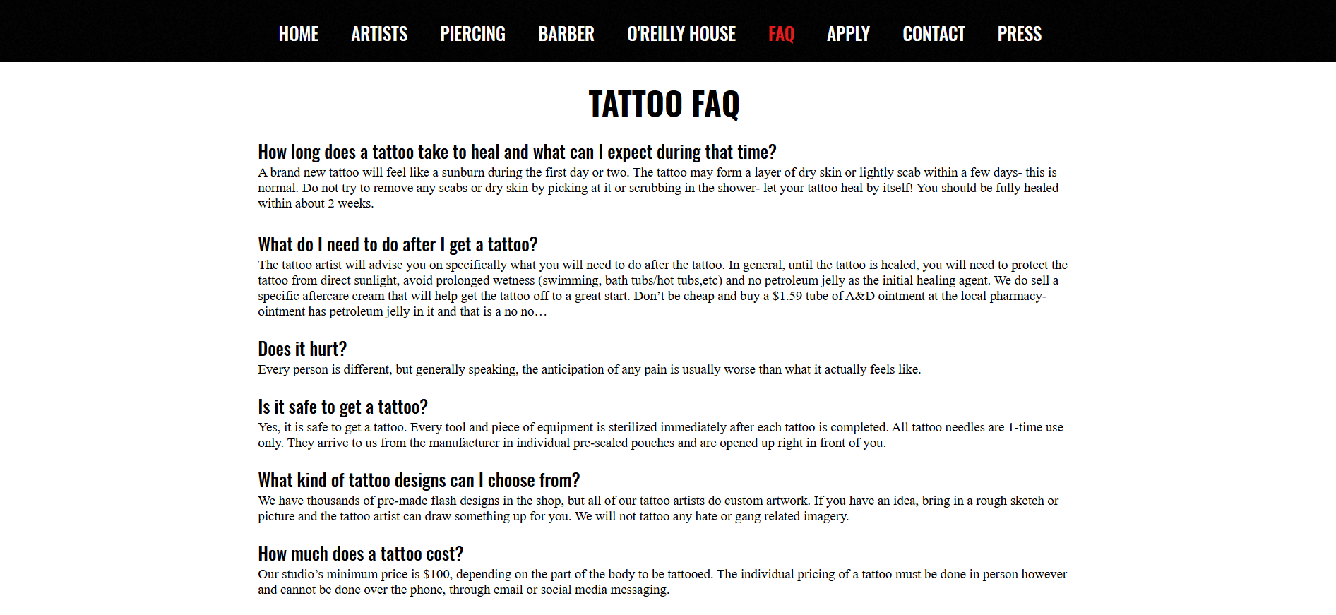 An image of Boston Tattoo's FAQ page