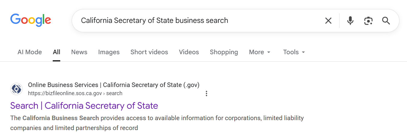 Top Google search result for California Secretary of State business search.