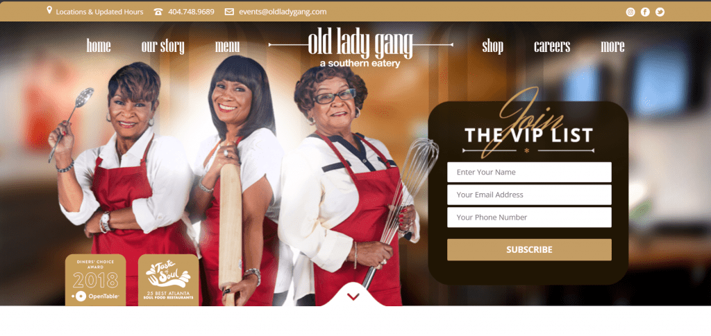 The restaurant website design for the Old Lady Gang.