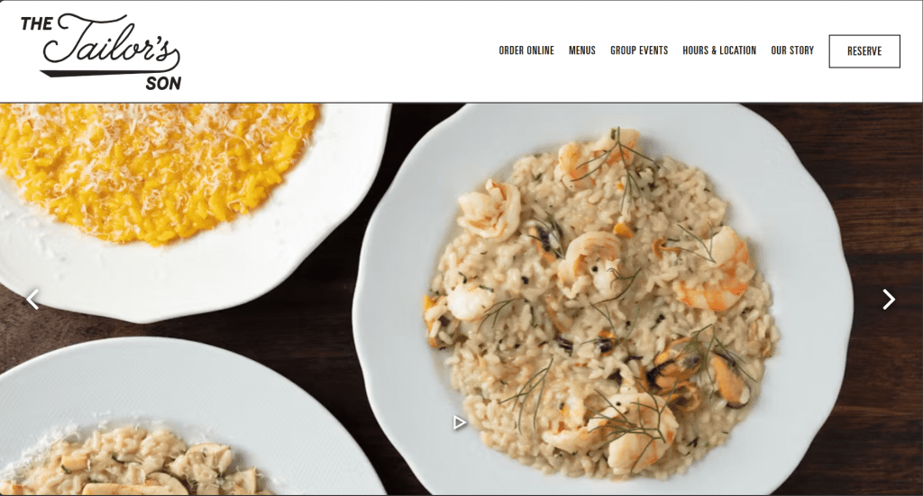 The Tailor's Son restaurant website page.