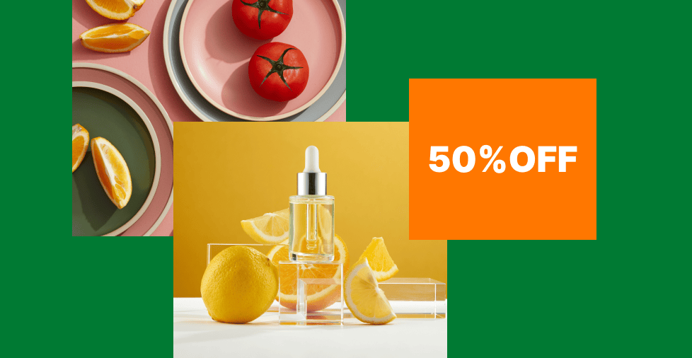 A vibrant food collage of product images and discount deals that depicts the types of advertising.