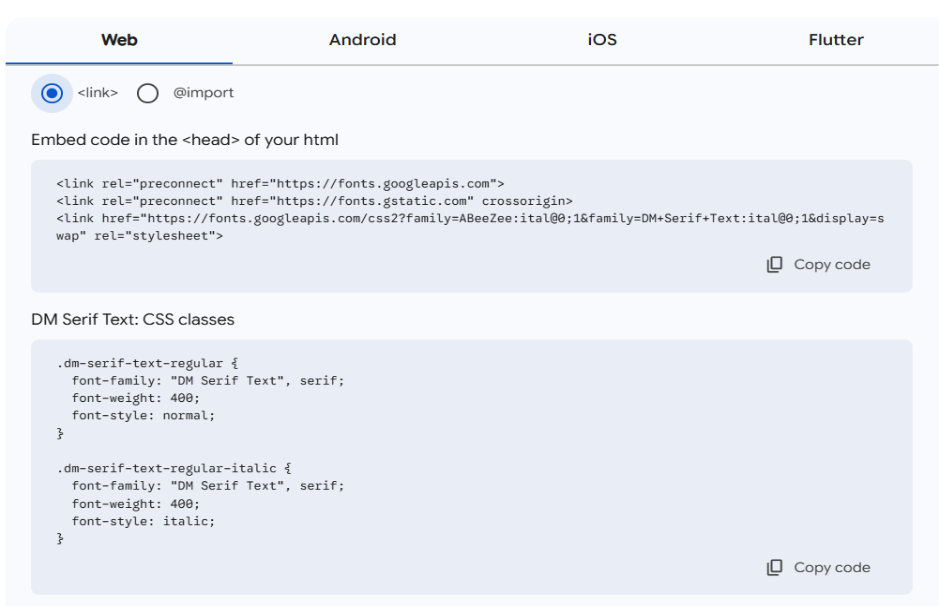 A screenshot of Google Fonts Web tab