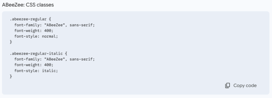 A screenshot of Google Fonts Web tab continuation