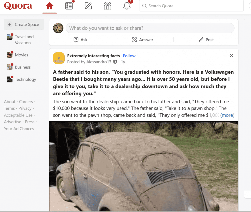 Image of Quora newsfeed.