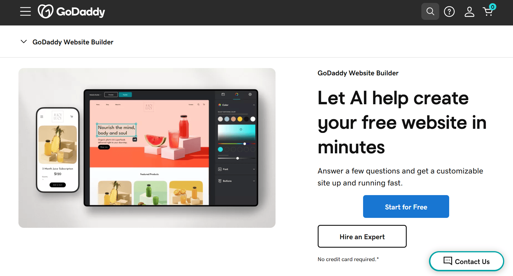 GoDaddy AI Website Builder product page.