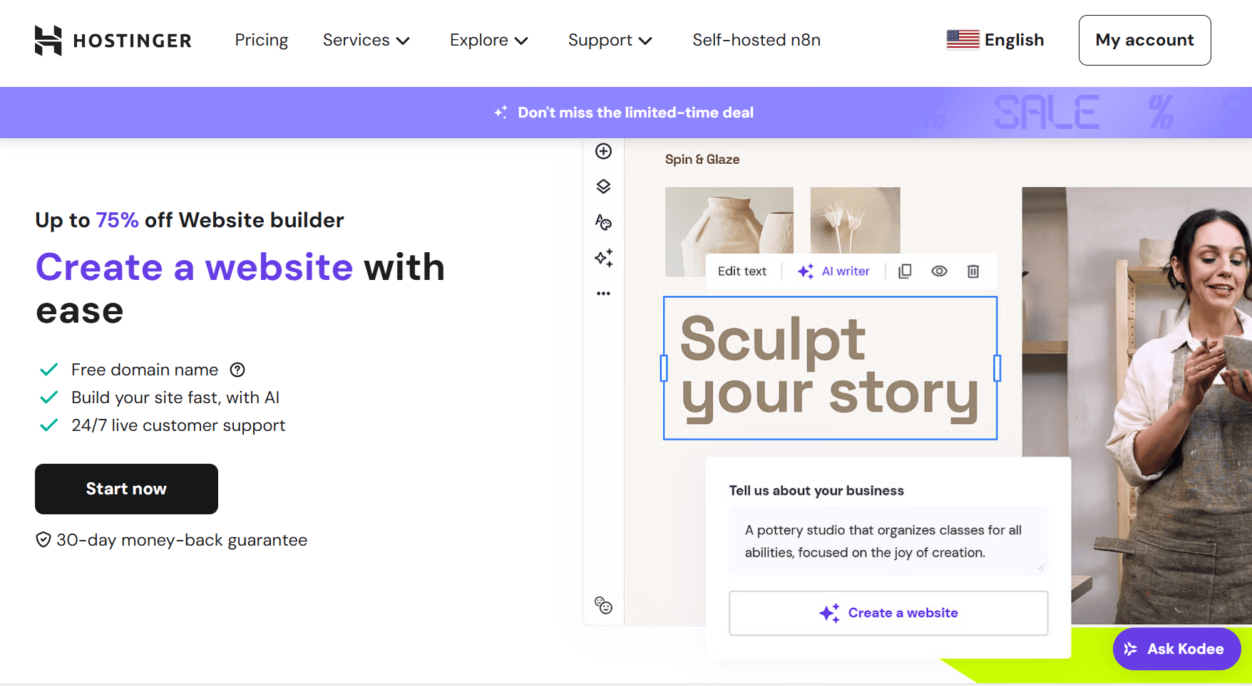 Hostinger AI Website Builder product page.