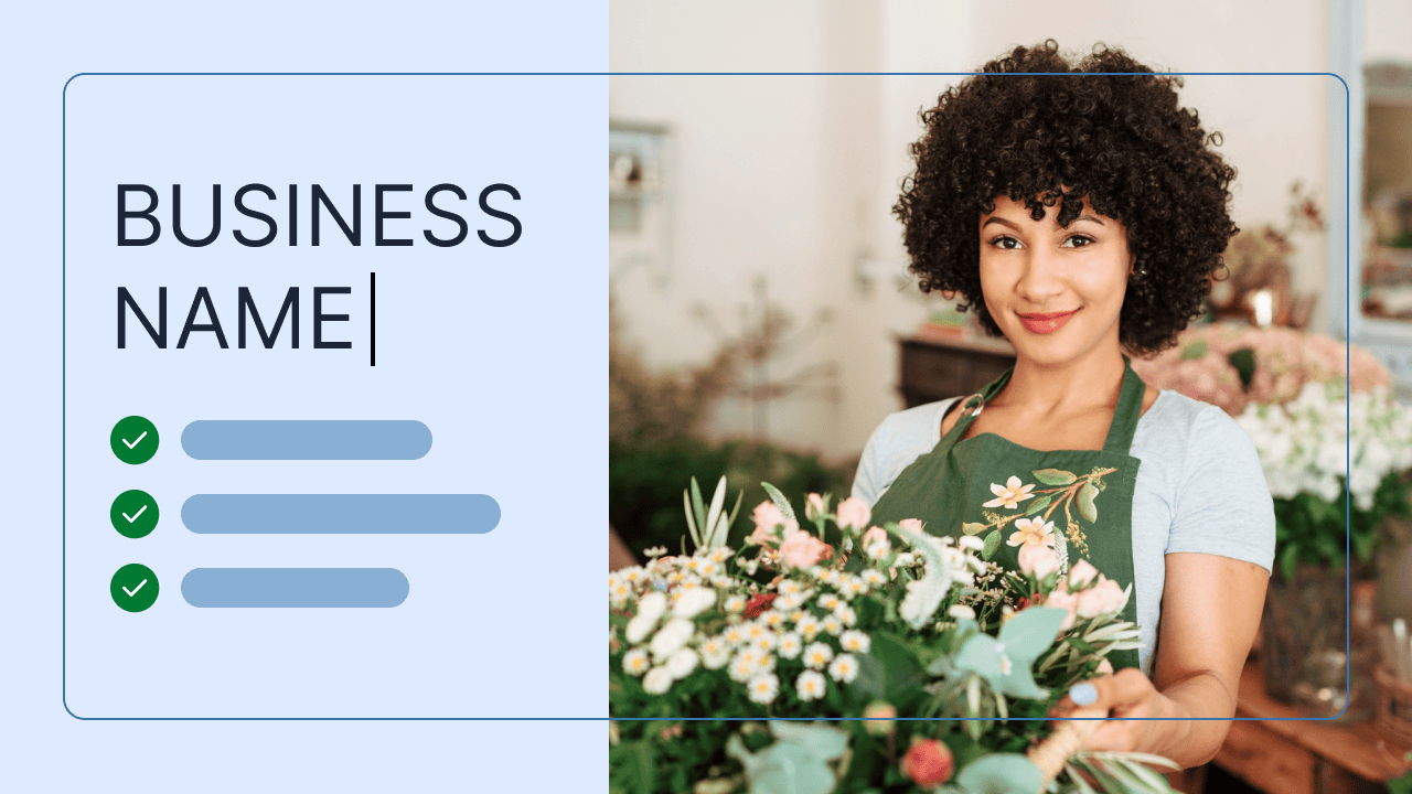 Featured image a woman and text for "Business Name".