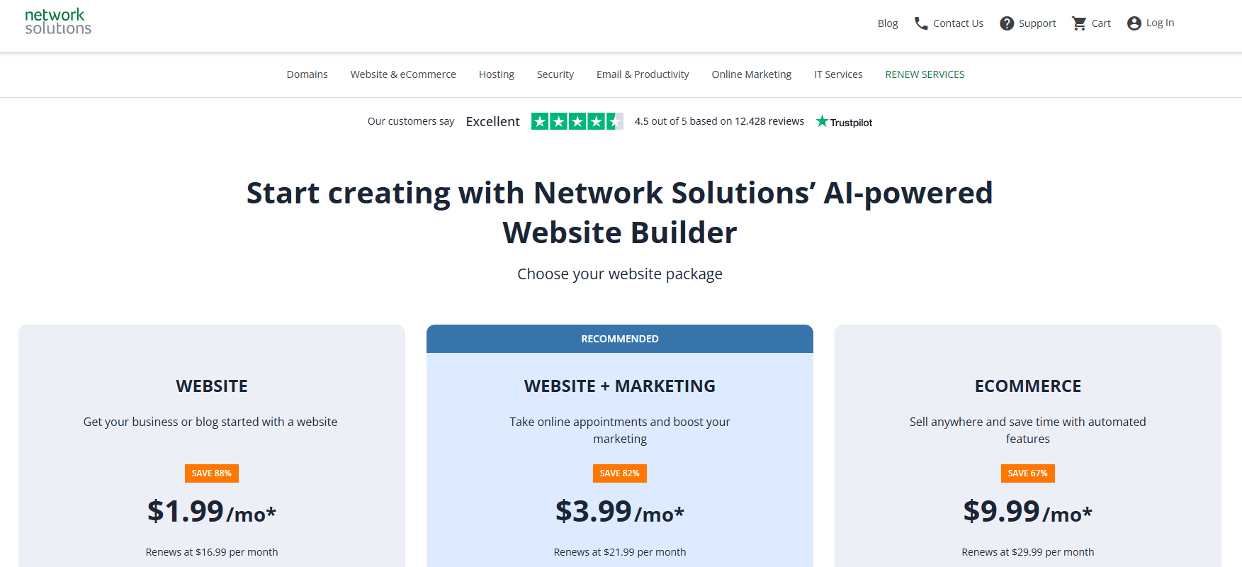 Network Solutions AI Website Builder plans.