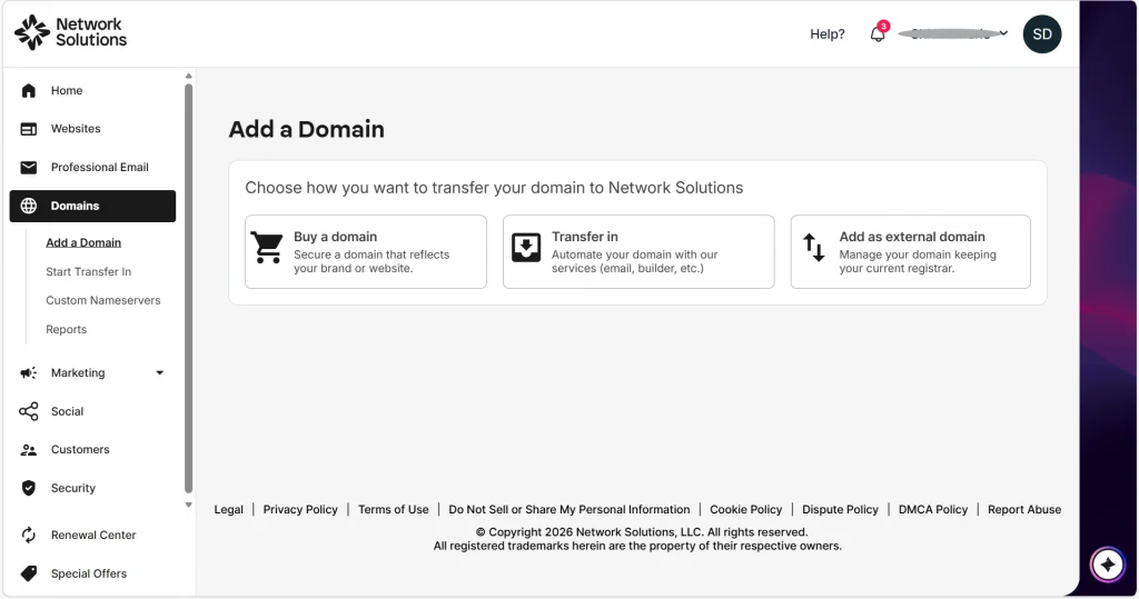 Network Solution's domain management dashboard
