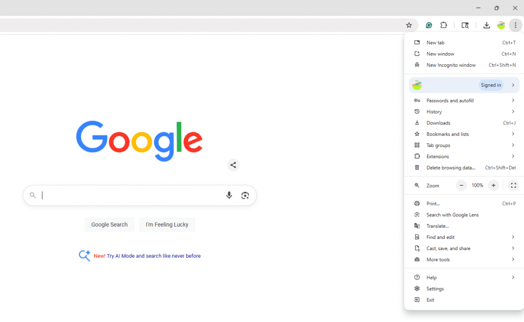 Google Chrome Kebab drop down menu