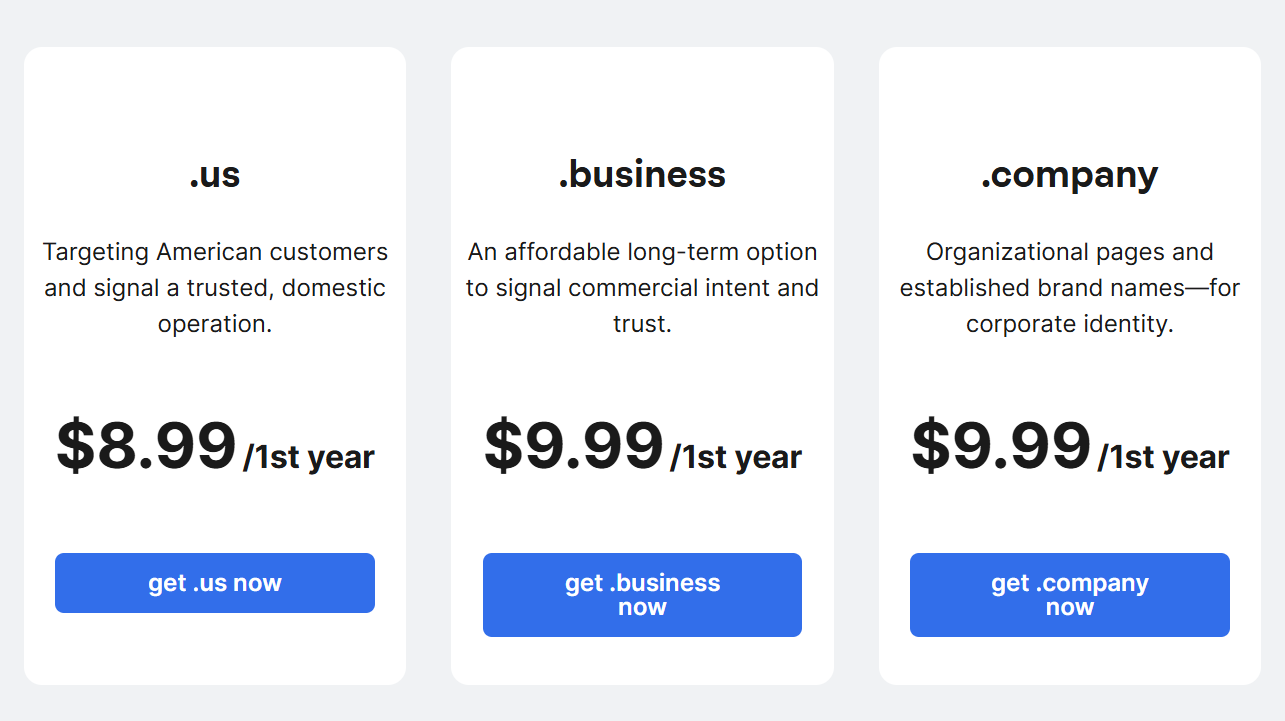 The different extensions available at Network Solutions.
