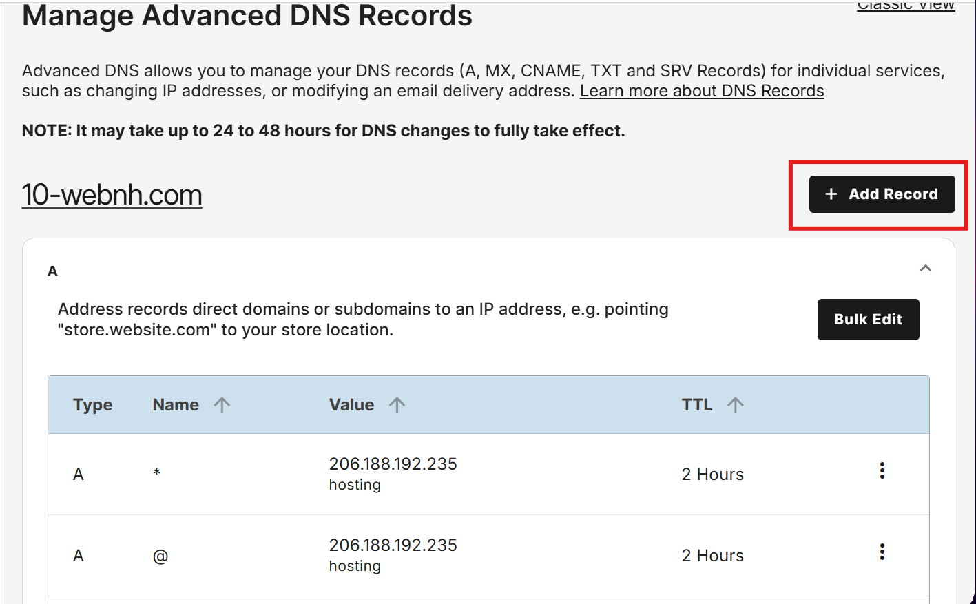 An example of adding an A record to create a subdomain on Network Solutions.