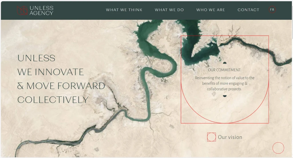 Creative agency brochure website with mission headline, minimalist layout, and clear Contact link.