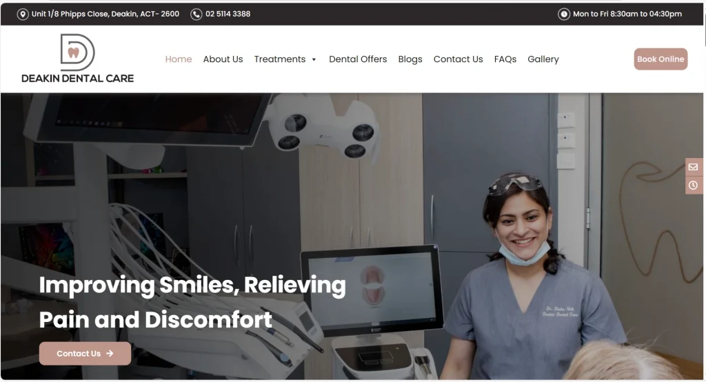 Dental clinic brochure website with “Book Online” CTA, service links, phone number, address, and opening hours.