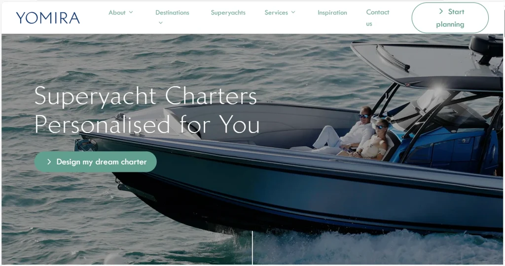Luxury yacht charter website with premium hero image, concise headline, and “Start planning” CTA.