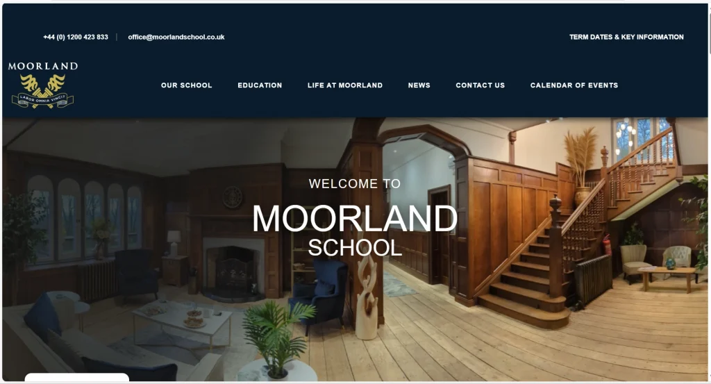 School brochure website with image‑led hero, prospectus‑style navigation, and quick links to term dates, visits, and contact.