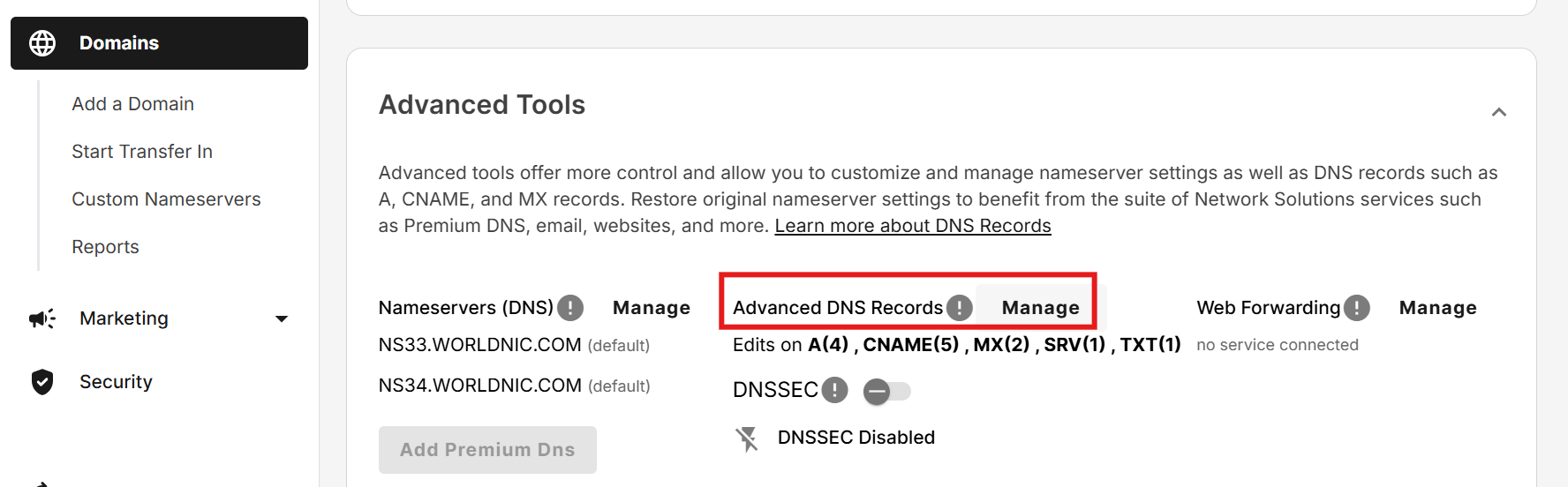 A prewiew of the Network Solutions DNS manager.