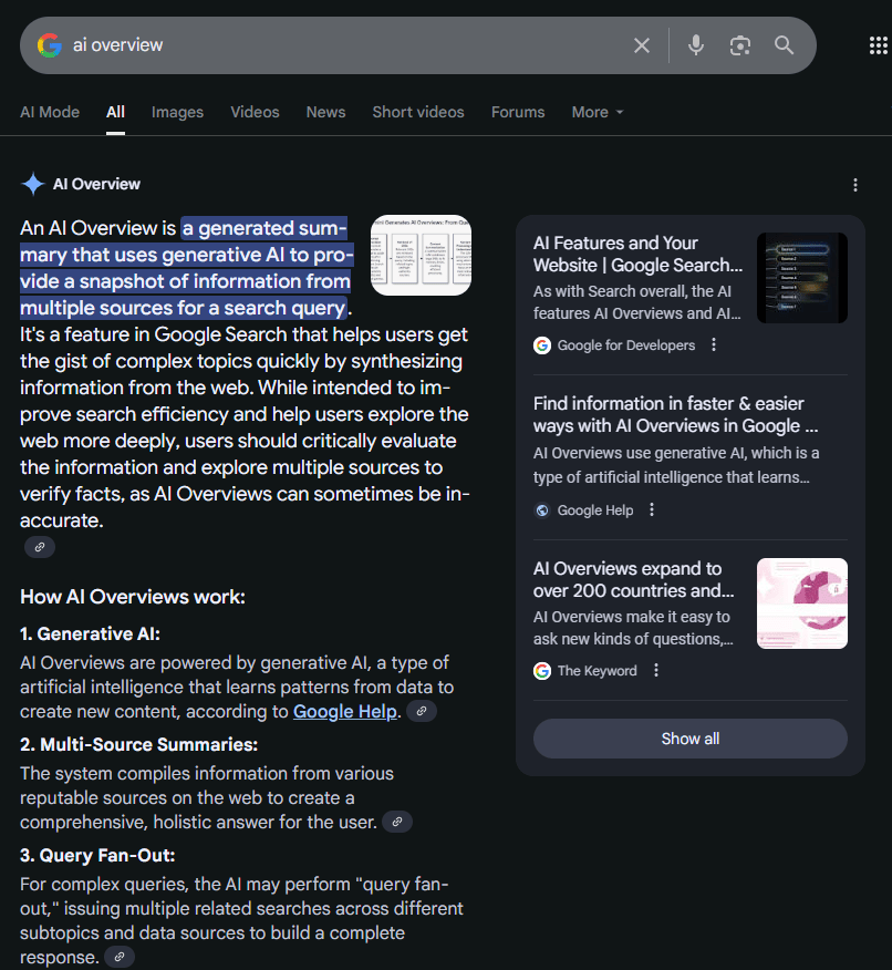 How to optimize your website for AI search - screenshot of Google AIO