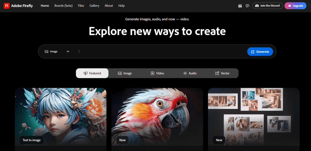 An image of the home page of Adobe Firefly