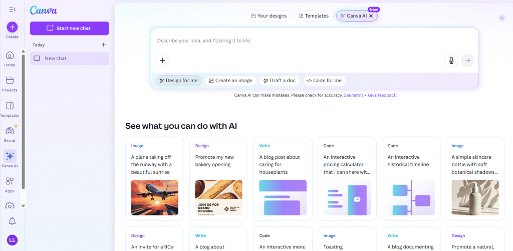 An image of the dashboard of Canva AI