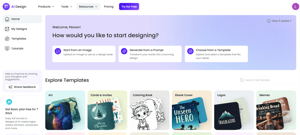 An image of Designs.ai's home page