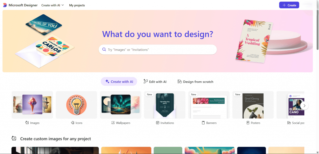 An image of Microsoft Designer's home page