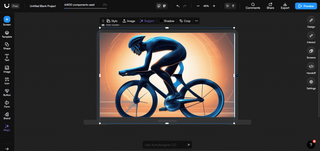 An image of Uizard's dashboard with an AI generated image of a cyclist