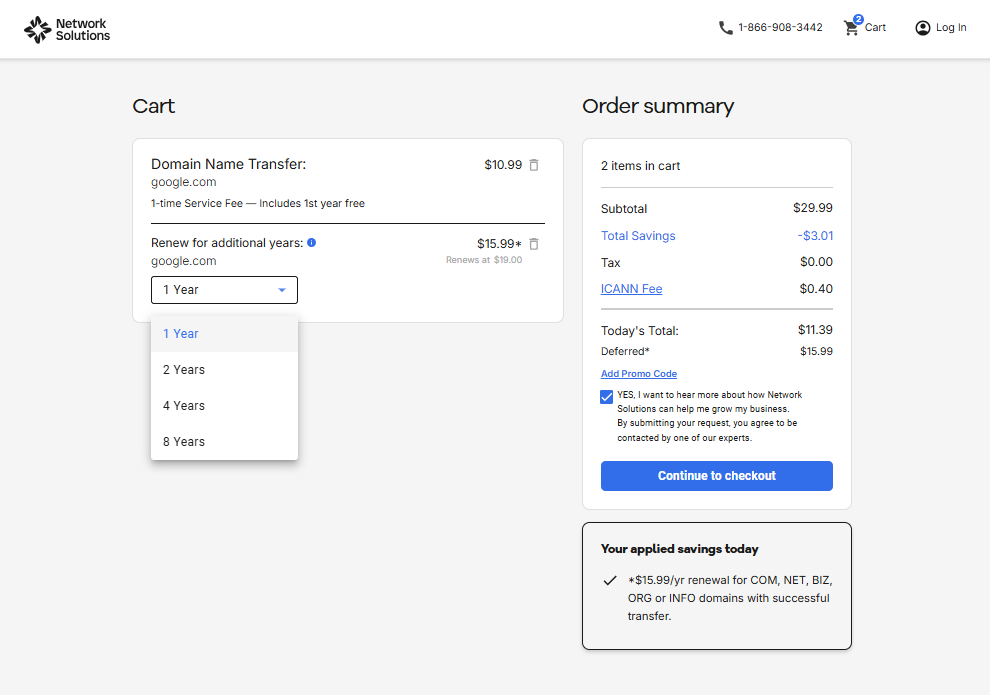 Domain transfer: $9.99 with 1st year free. Renewal $15.99/yr. Total today: $10.35 incl. ICANN fee. Options for 1–8 yrs. Checkout and promo code shown.