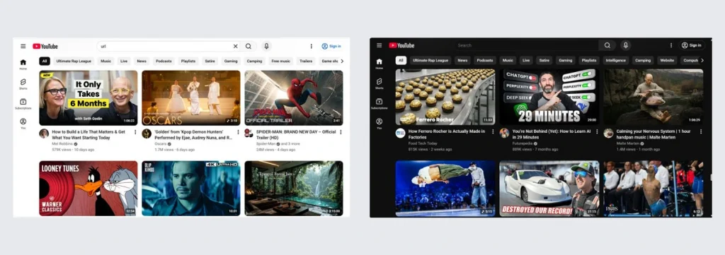 Side‑by‑side comparison of YouTube in light mode and dark mode design, showing the same interface with light and dark backgrounds.