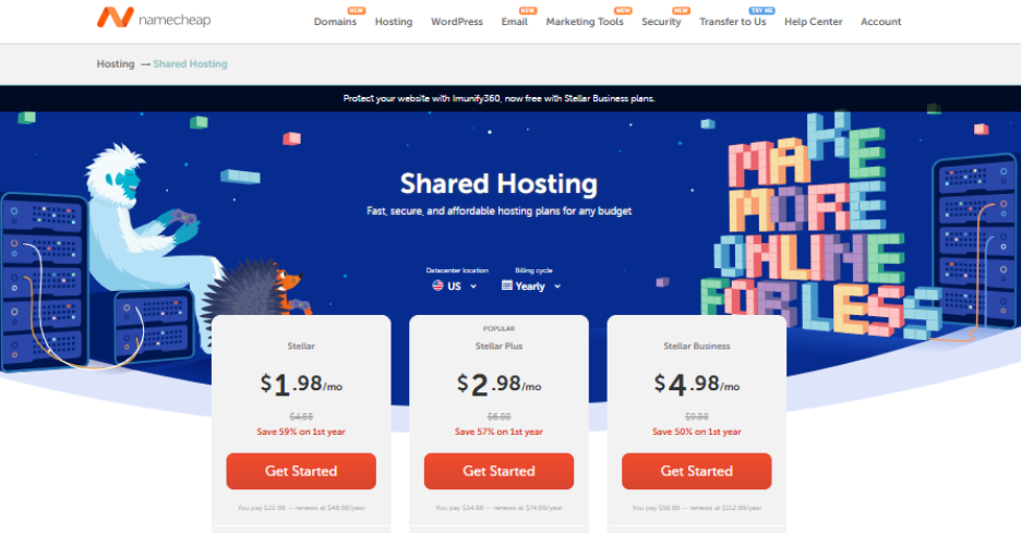 Namecheap shared hosting page