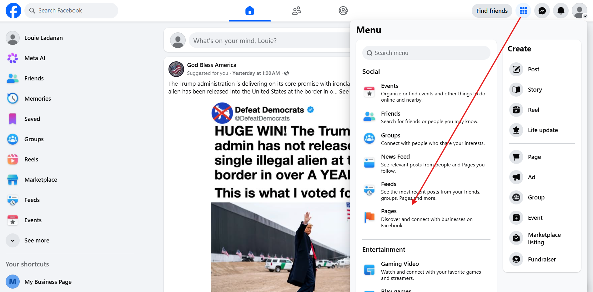 How to access your Facebook page on desktop via menu panel