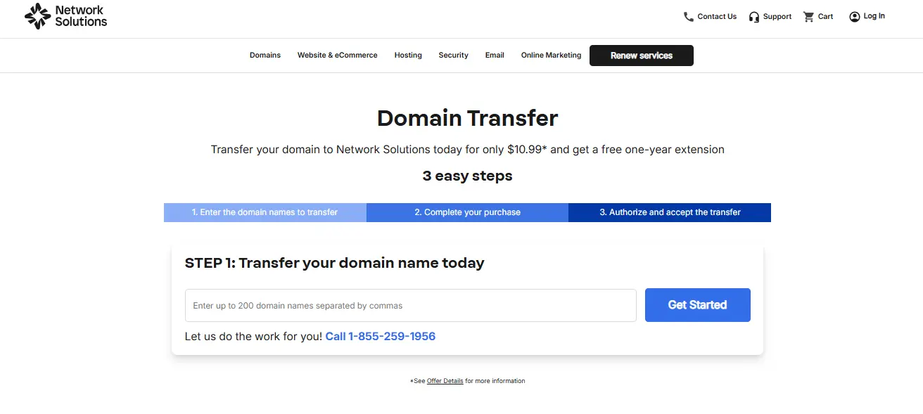 Network Solutions' Domain Transfer page