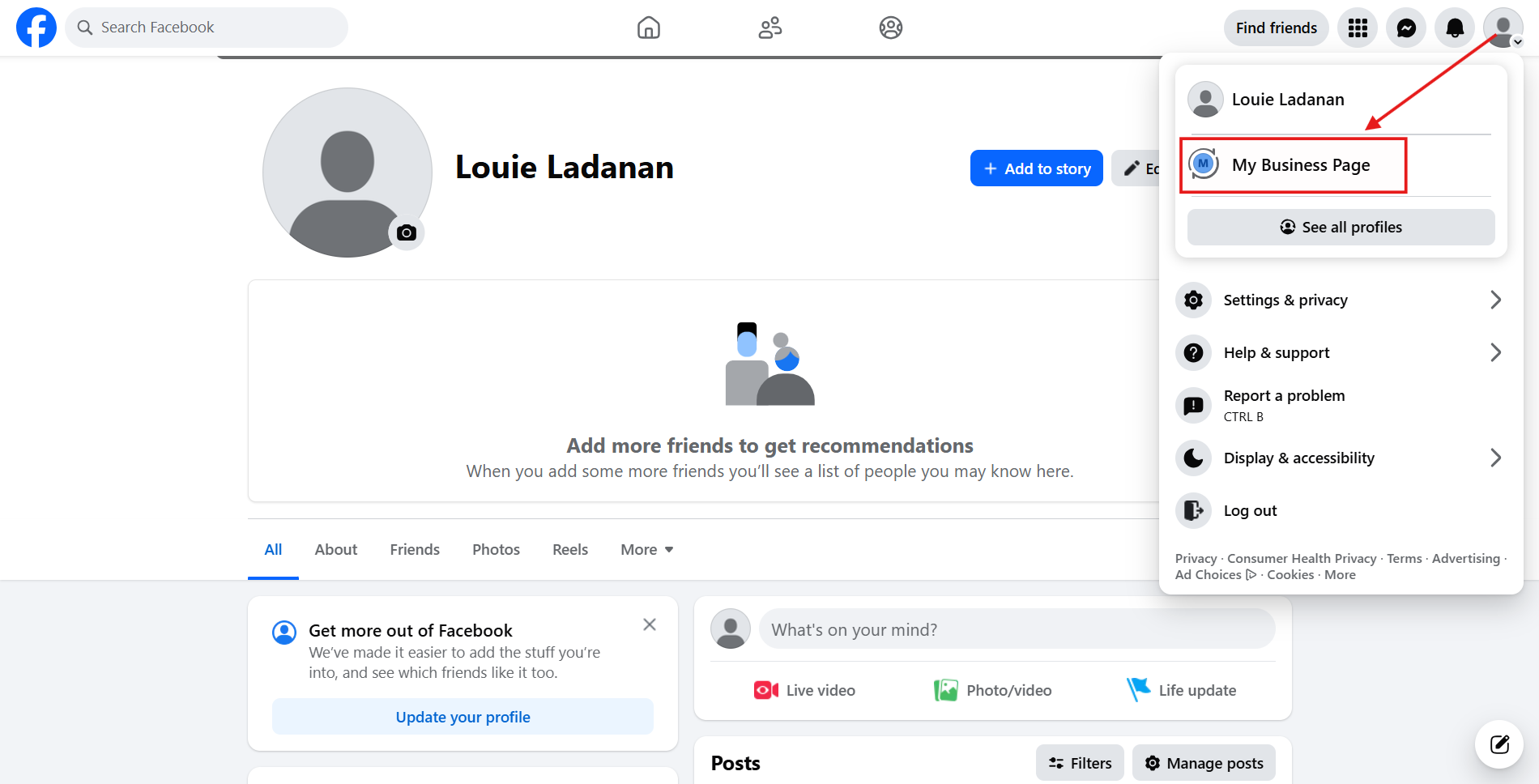 How to access your Facebook page on desktop via Home tab dropdown
