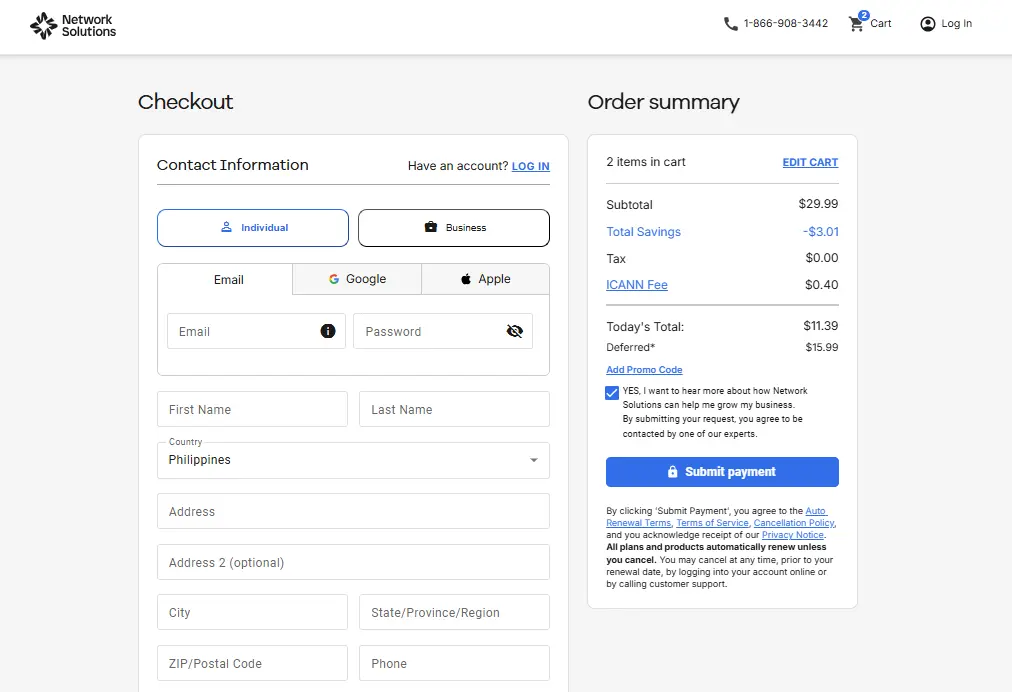 An image of Network Solutions' checkout page upon domain transfer