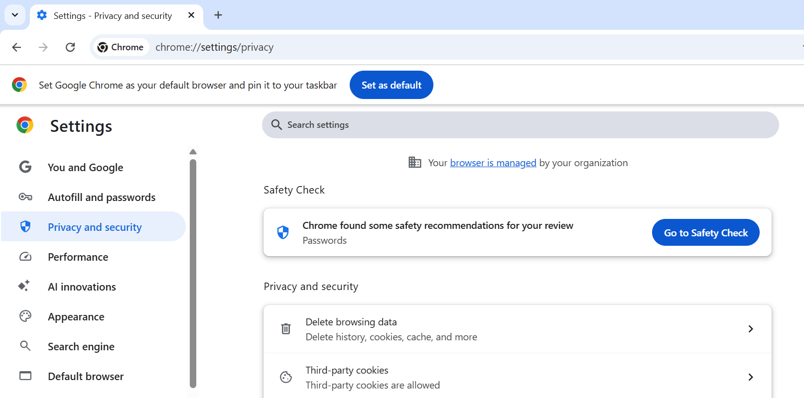 Privacy and Security settings
