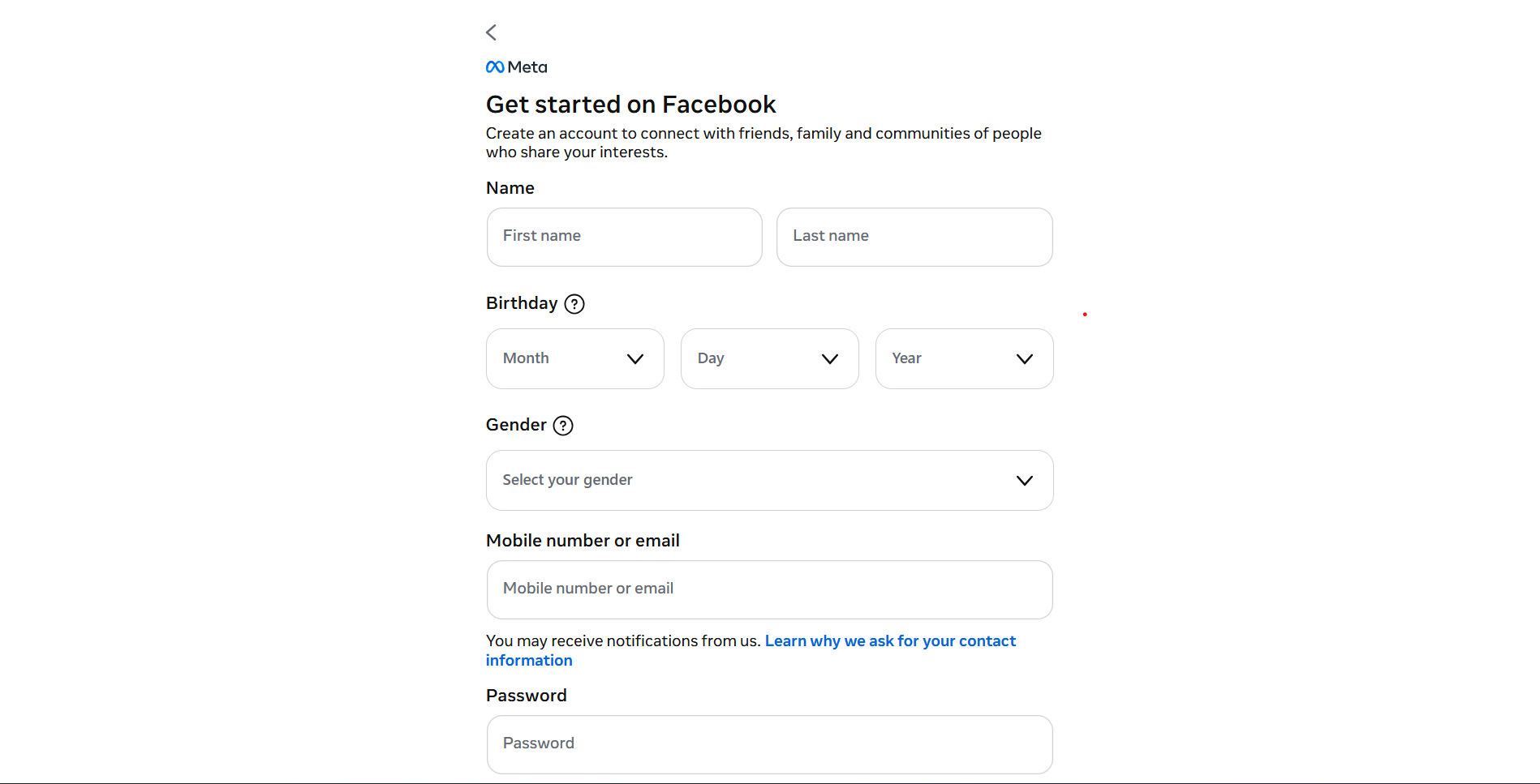 Facebook page login account creation
